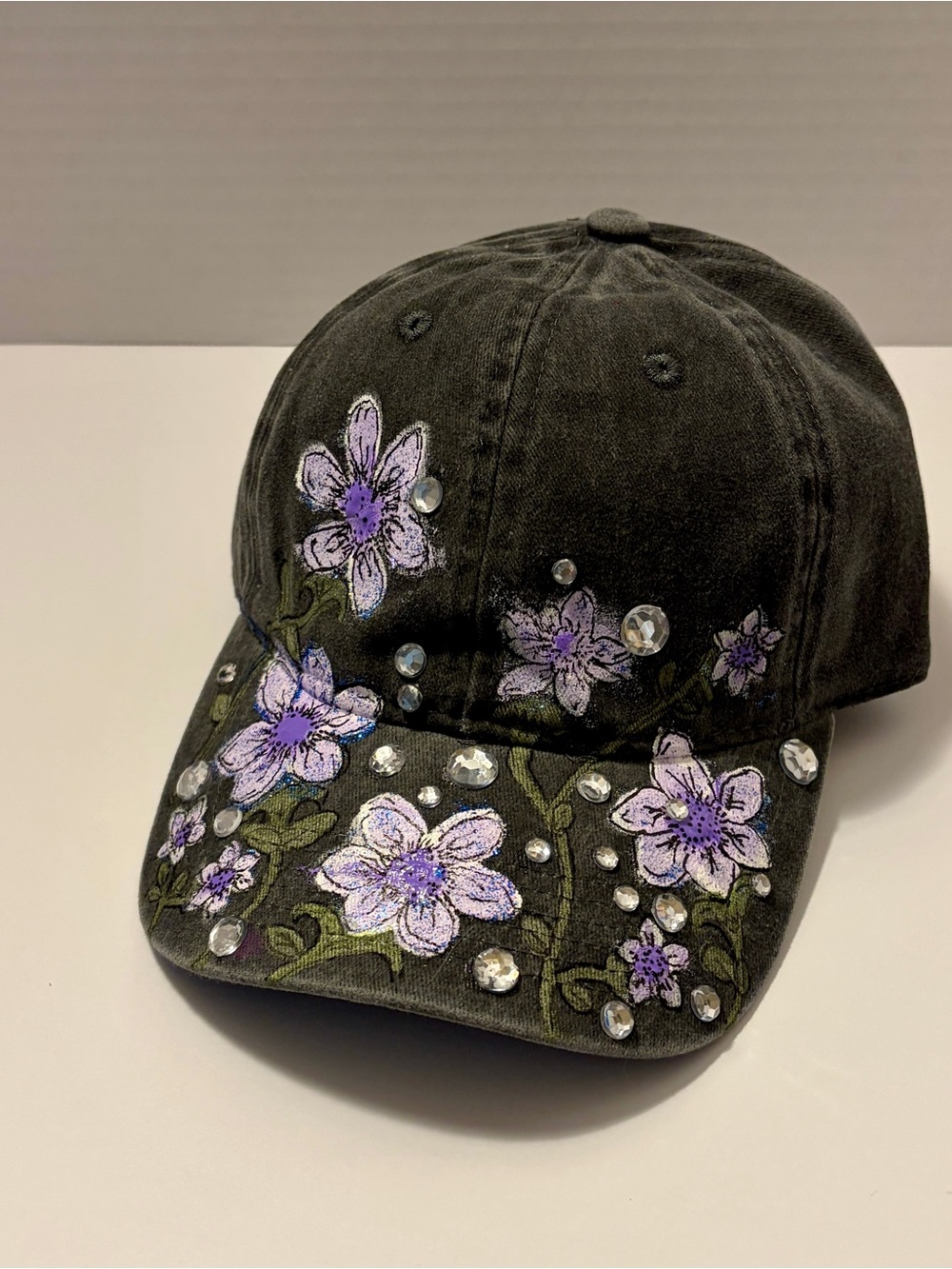 Embellished Floral Baseball Cap - Black with Purple Flowers
